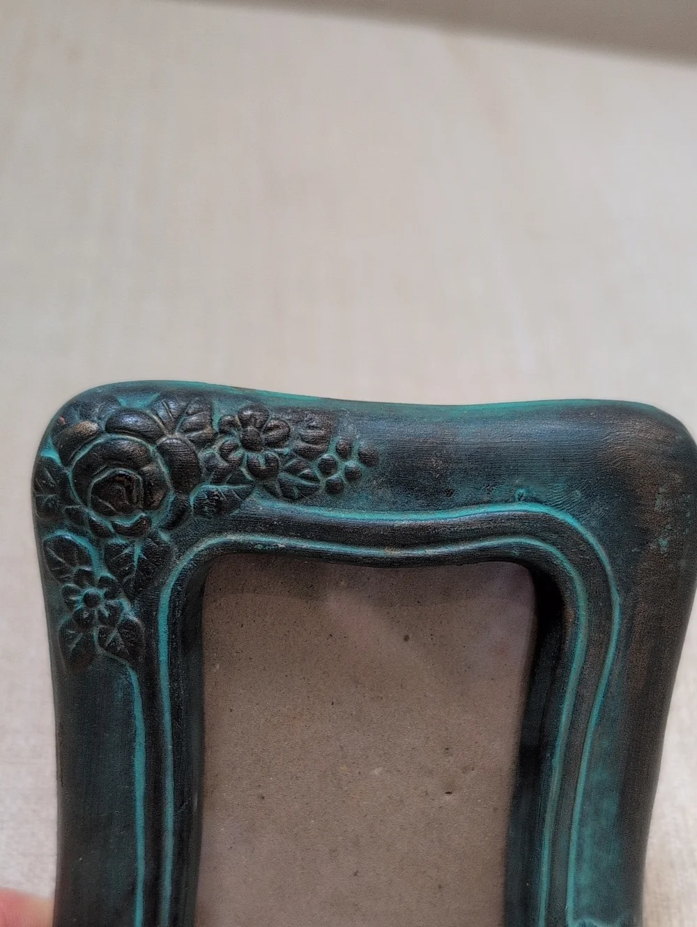 Turquoise Patina Floral Accent Pottery Picture Frame 2